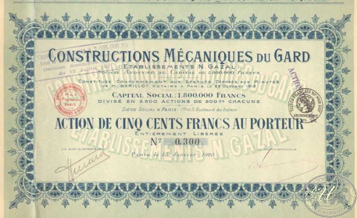 Constructions Mecaniques du Gard. Акция в 500 франков, 1920 год. ― ООО "Исторический Документ"