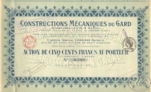 Constructions Mecaniques du Gard. Акция в 500 франков, 1920 год.