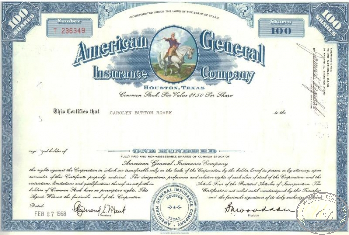 American General Insurance Co.,сертификат на 100 акций. 1968 год. ― ООО "Исторический Документ"
