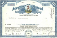 American General Insurance Co.,сертификат на 100 акций. 1968 год.