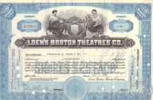 Loews Boston Theatres Co.,сертификат на 18 акций, 1930 год.