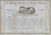 Michigan Southern and Northern Indiana Railroad Co. Сертификат на 42 акции, $4200, 1852 год.