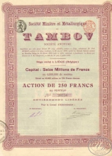 Miniere et Metallurgique du Tambow. АО Тамбовских Металлургических рудников. Акция в 250 франков,1899 год.
