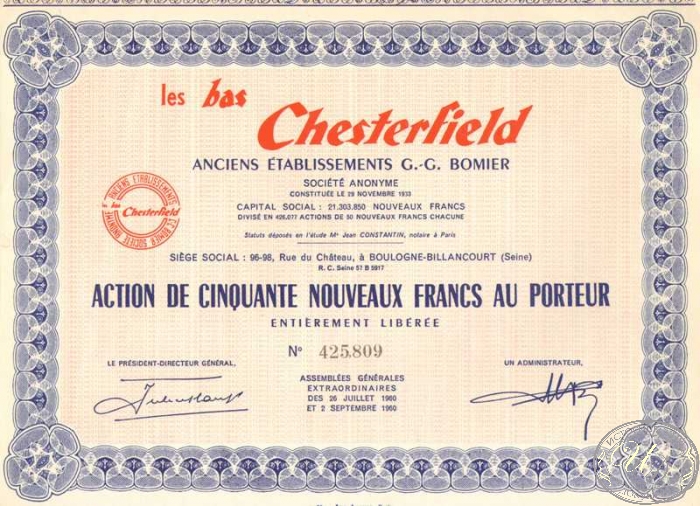 Chesterfield les bas. Акция в  50 франков, 1960 год. ― ООО "Исторический Документ"