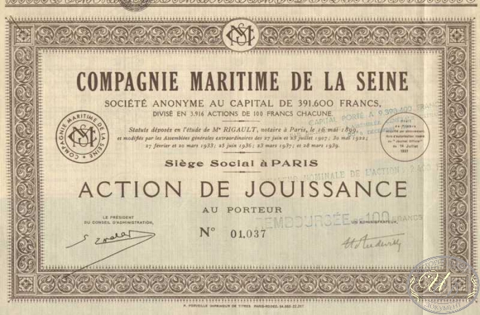Campaigne Martime de la Seine. Акция в 100 франков,1937 год. ― ООО "Исторический Документ"