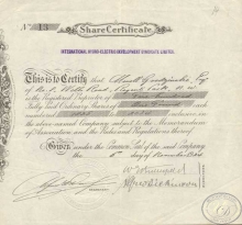 Великобритания.International Hydro Electric Development Syndicate Ltd.,сертификат на 200 акций. 1924 год.