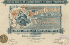 Испания. Almacenes Generales de De posito y Transportes,акция. 1906 год.
