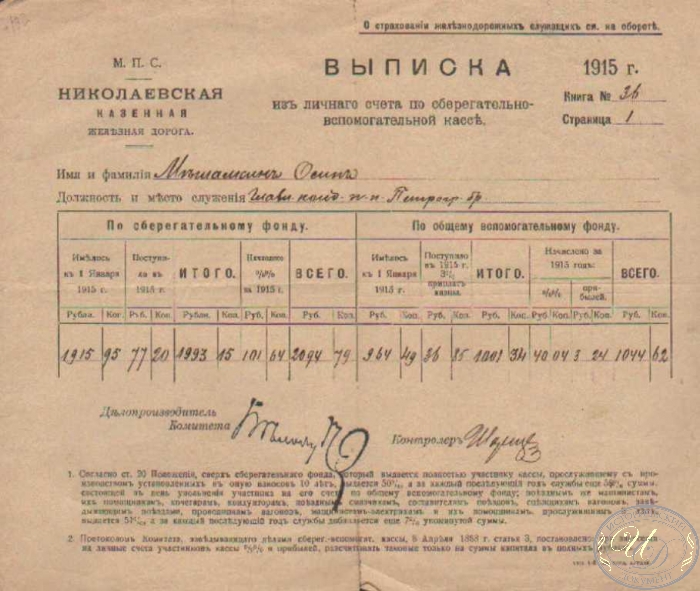 Николаевская Железная дорога. Выписка из личного счета, 1915 год.