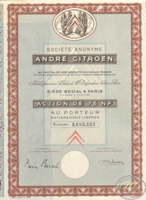 Andre Citroen Societe Anonyme. Акция в 75 франков, 1936 год. ― ООО "Исторический Документ"