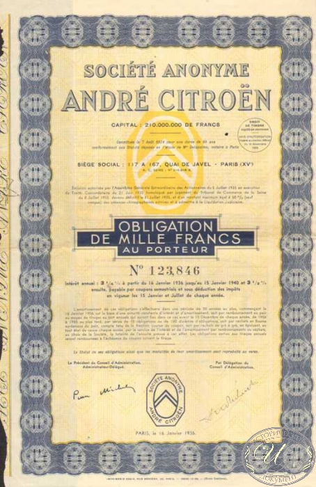 Andre Citroen Societe Anonyme. Акция в 1000 франков, 1936 год. ― ООО "Исторический Документ"