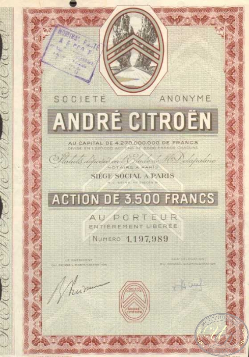 Andre Citroen Societe Anonyme. Акция в 3500 франков, 1936 год. ― ООО "Исторический Документ"