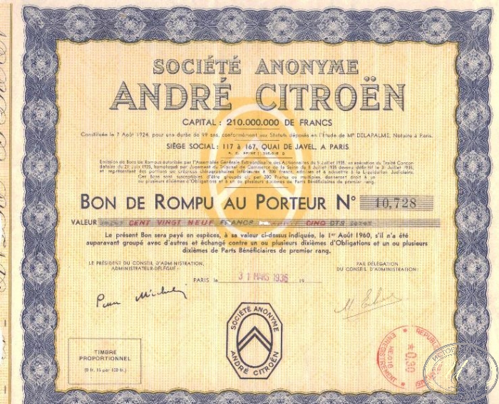 Andre Citroen Societe Anonyme. Акция в 129 франков, 1936 год. ― ООО "Исторический Документ"
