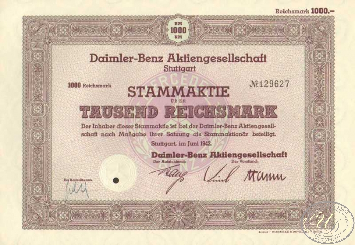 Daimler-Benz AG Stuttgart. Акция в 1000 марок, 1942 год. ― ООО "Исторический Документ"