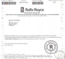 Rolls-Royce Group plc. Сертификат на 50 акций, 2004 год.
