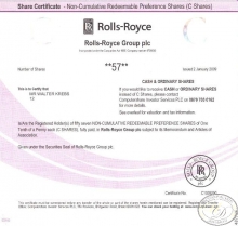 Rolls-Royce Group plc. Сертификат на 57 акций, 2009 год.