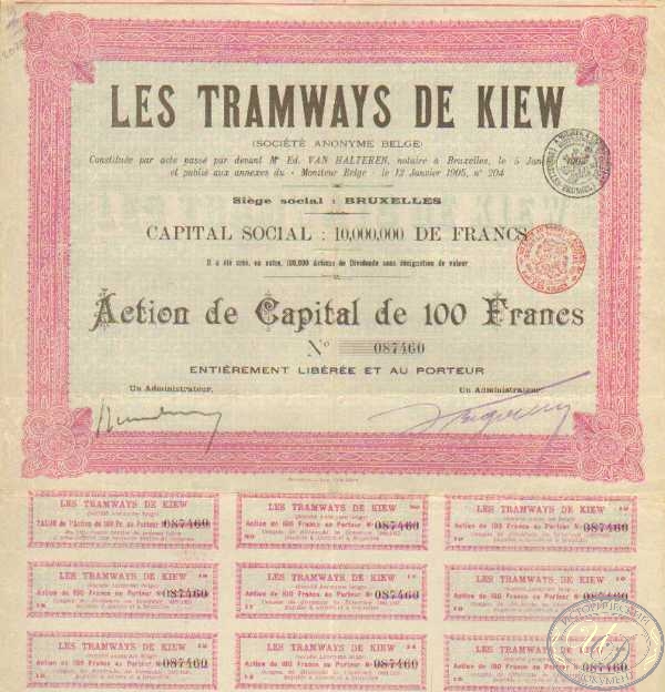 Tramways de Kiew. Аktion de capital.100 франков,1905 год. ― ООО "Исторический Документ"