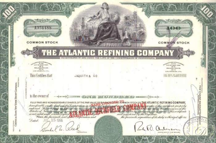 Atlantic Refining Co., сертификат на 100 акций. 1966 год. ― ООО "Исторический Документ"