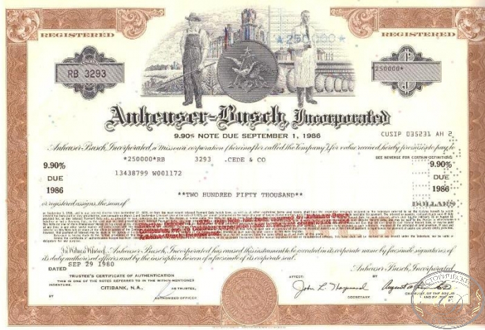 Anheuser Busch Corporated, сертификат на $250000,1980 год. ― ООО "Исторический Документ"