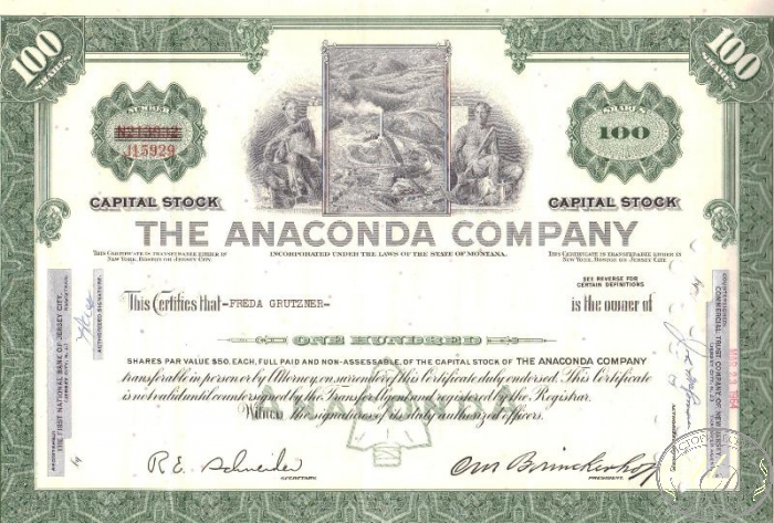 Anaconda Co.,сертификат на 100 акций, 1964 год. ― ООО "Исторический Документ"