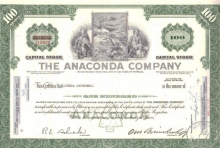 Anaconda Co.,сертификат на 100 акций, 1964 год.