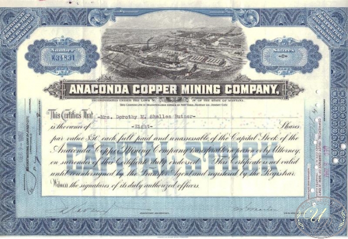 Anaconda Copper Mining Co.,сертификат на 8 акций,1947 год. ― ООО "Исторический Документ"