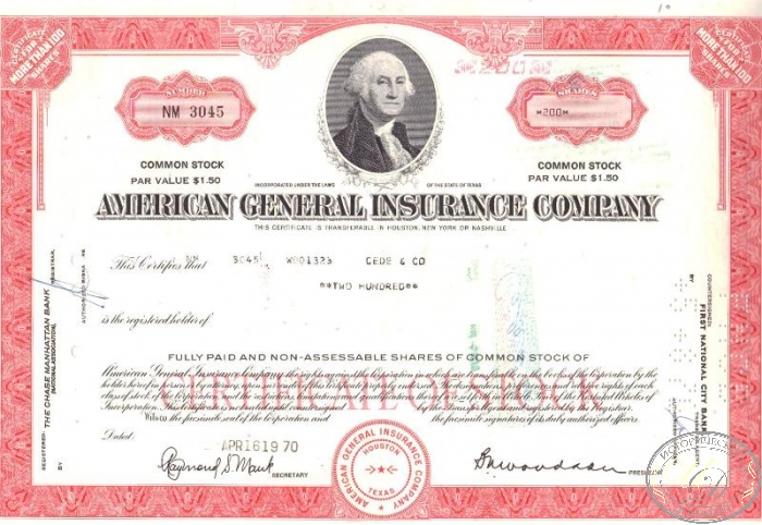 American General Insurance Co.,сертификат на 100 акций. 1970 год. ― ООО "Исторический Документ"