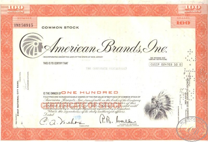 American Brands Inc., сертификат на 100 акций, 1971 год. ― ООО "Исторический Документ"