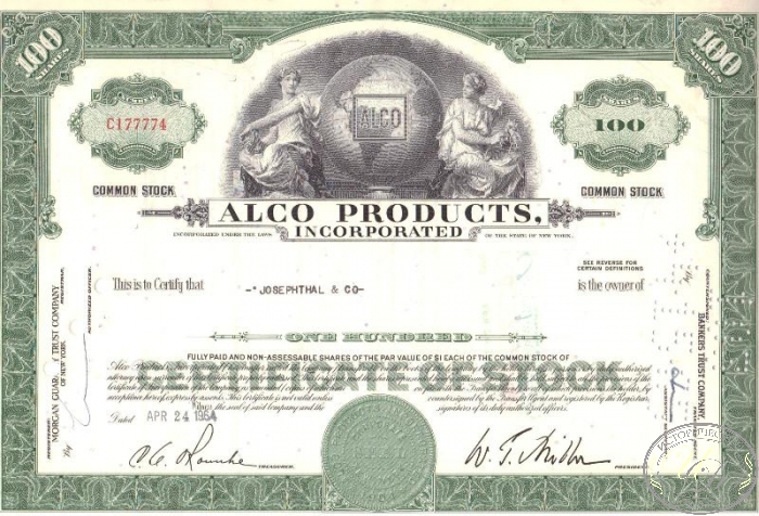 Alco Products Inc., сертификат на 100 акций, 1964 год. ― ООО "Исторический Документ"