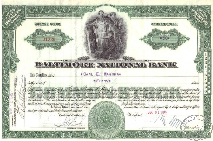 Baltimor International Bank, сертификат на 50 акций. 1945 год. ― ООО "Исторический Документ"