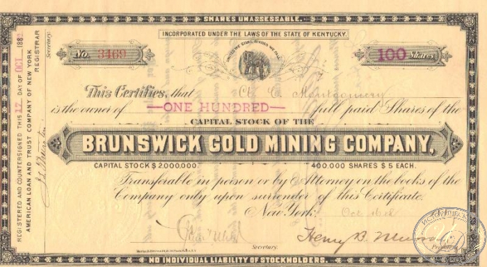 Brunswick Gold Mining Co.,сертификат на 100 акций,1889 год. ― ООО "Исторический Документ"