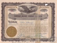 Chamberlain Amusement Ent.Inc.,сертификат на 5 акций, 1923 год.