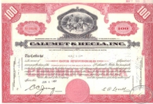 Calumet and Hecla Inc.,сертификат на 100 акций.1957 год.