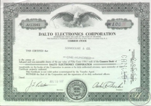 Dalto Electronics Co., сертификат на 100 акций, 1967 год.