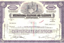 International Telephone and Telegraph Со.,сертификат на 100 акций($1),1976 год.
