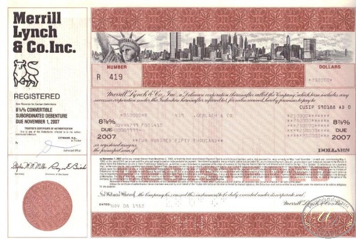 Merrill Lynch and Co.,сертификат на $250000, 1982 год. ― ООО "Исторический Документ"