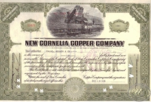 New Cornelia Copper Со., сертификат на 10 акций, 1924 год.