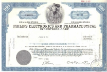 Philips Electronics and Pharmaceutical Co.сертификат на 100 акций, 1968 год.