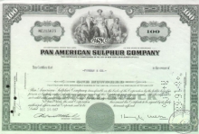 Pan American Sulphur Co., сертификат на 100 акций, 1969 год.