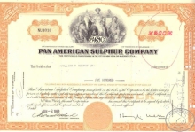 Pan American Sulphur Co., сертификат на 500 акций, 1969 год.