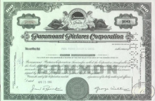 Paramount Pictures Co.,сертификат на 100 акций,1966 год.