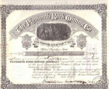 Plymouth Rock Mining Co.,сертификат на 15 акций, 1880 год.
