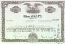 Regal Crest Inc., сертификат на 100 акций, 1971 год.