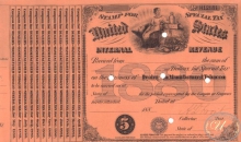 United States Internal Revenue (бланк), $5, 1880 год.