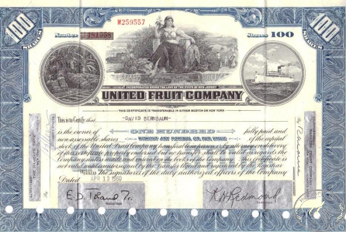 United Fruit Co.,сертификат на 100 акций, 1963 год. ― ООО "Исторический Документ"