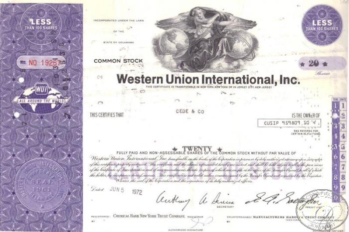 Western Un. International Inc.,сертификат на 20 акций, 1972 год. ― ООО "Исторический Документ"