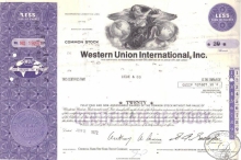 Western Un. International Inc.,сертификат на 20 акций, 1972 год.