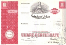 Western Un. International Telegraph Co.,сертификат на 100 акций,1969 год.