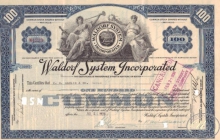 Waldorf System Inc., сертификат на 100 акций, 1926 год.