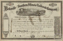 Belleville Southern Illinois Railroad Co.Сертификат на 32 акции. $3200, 1873 год.