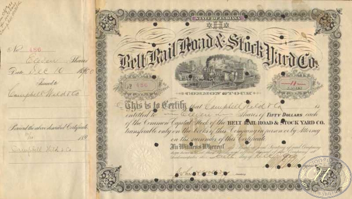 Belt Railroad Stockyard Co.Сертификат на 11 акций. $550, 1890 год. ― ООО "Исторический Документ"
